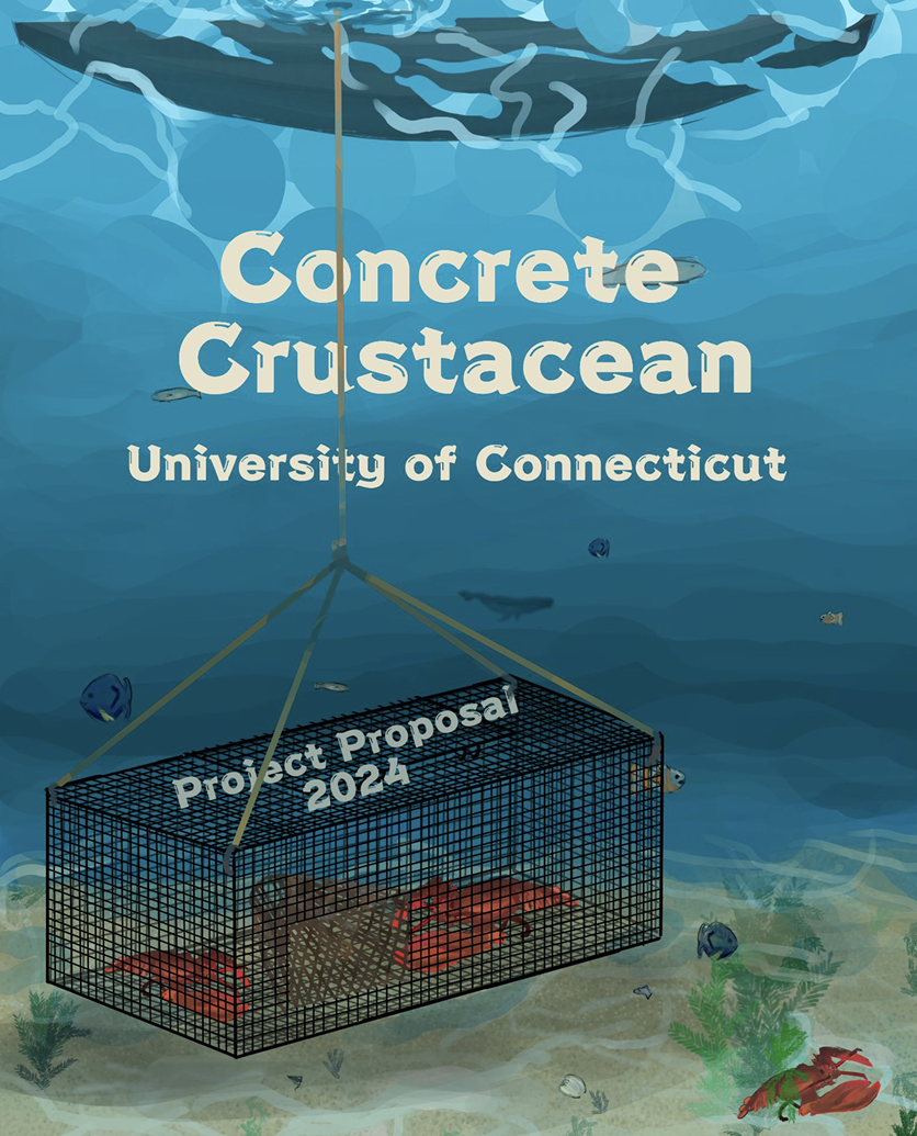 the concrete crustacean design paper cover which is an underwater view of a lobster trap hanging from a rope connected to the canoe above it